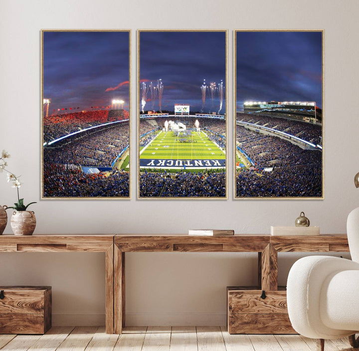 A filled stadium at dusk and fireworks overhead are beautifully captured in the Kroger Field Canvas Wall Art - Sunset Football Stadium Decor.