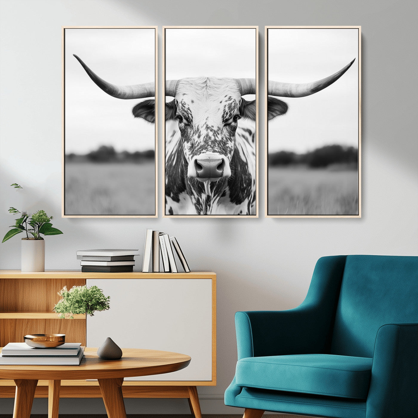 MGV-FC-48X32-3P - Highland Cow Wall Art - Black and White Western Longhorn Canvas Print - Farmhouse Living Room Decor