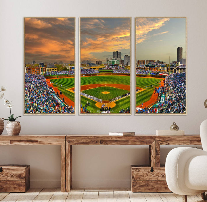 Aerial view of Wrigley Field at sunset against a vibrant sky, creating the perfect Chicago Wrigley Field Canvas Wall Art.