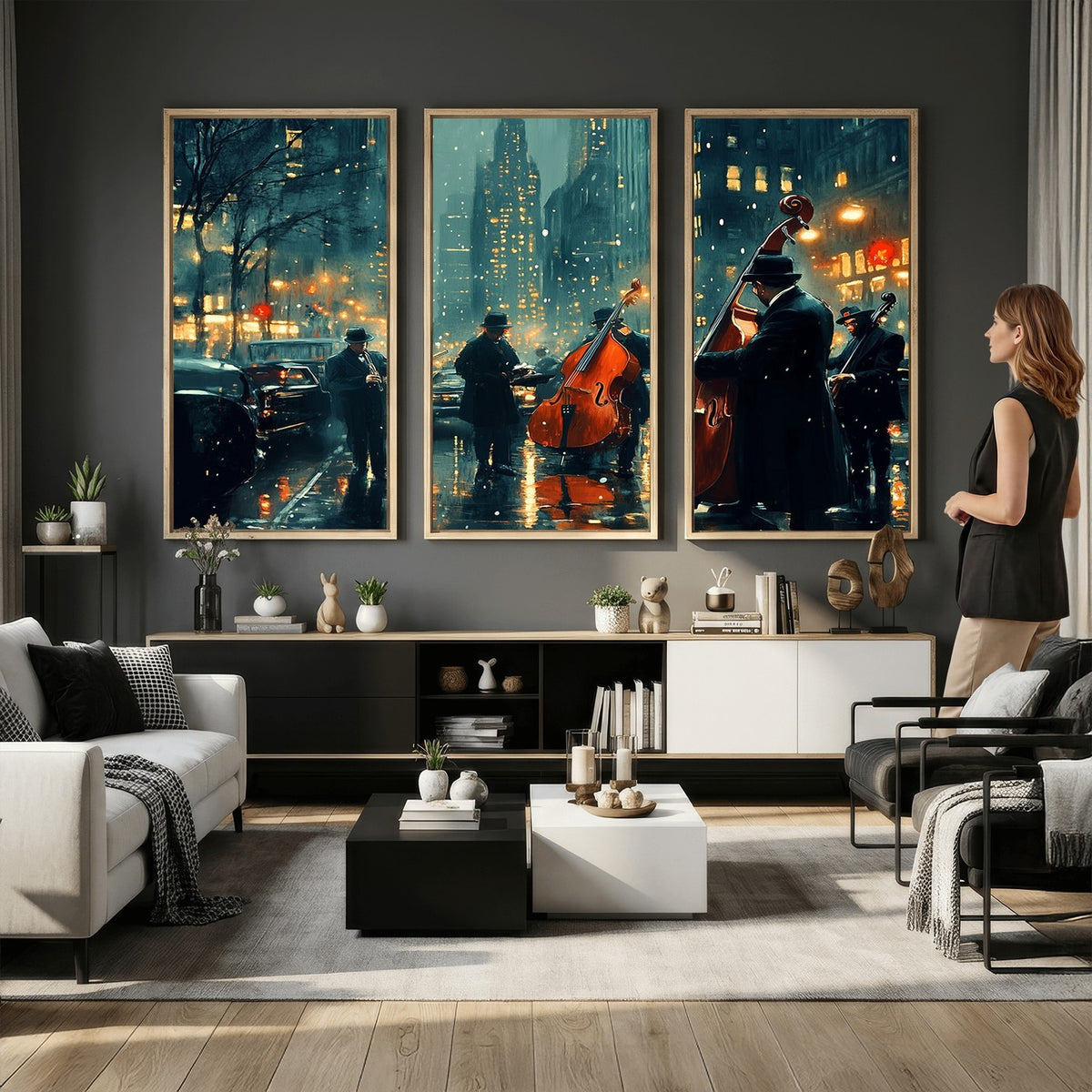 53391-MGV-CV-24X16 - Urban Night Jazz Wall Art Canvas Print | Moody Rain Soaked City Street Band Scene