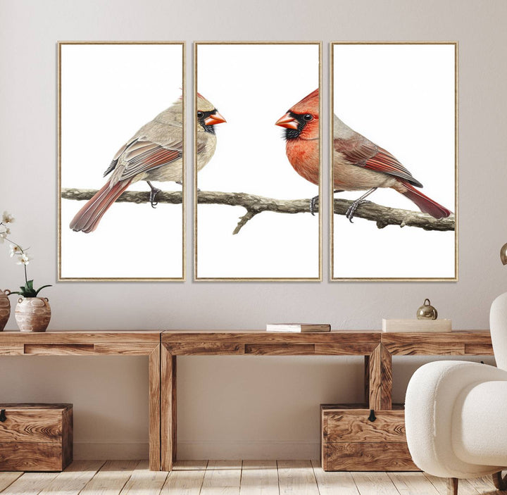 A Cardinal Canvas Wall Art print of cardinals on a branch hangs prominently.