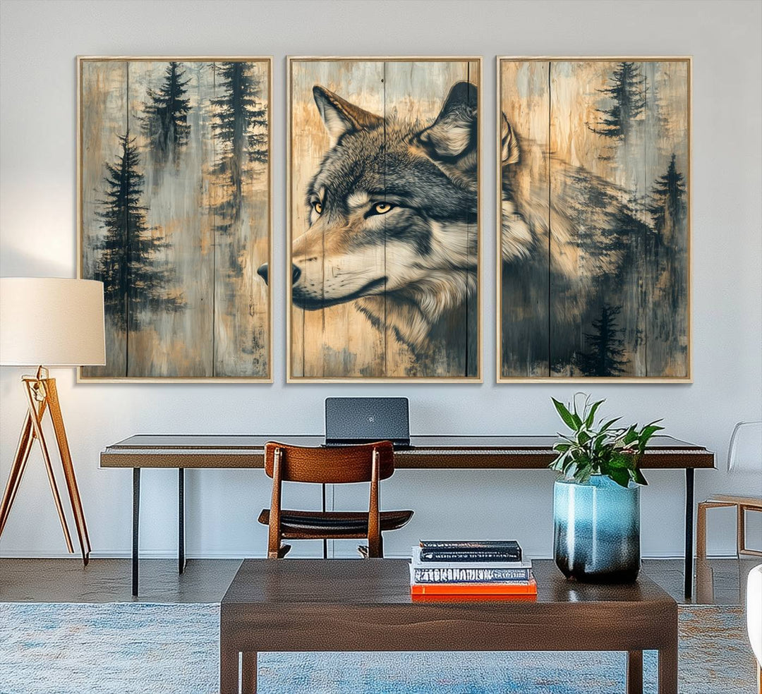 A Wood Style Rustic Wolf Wall Art Canvas Print adorns the kitchen.