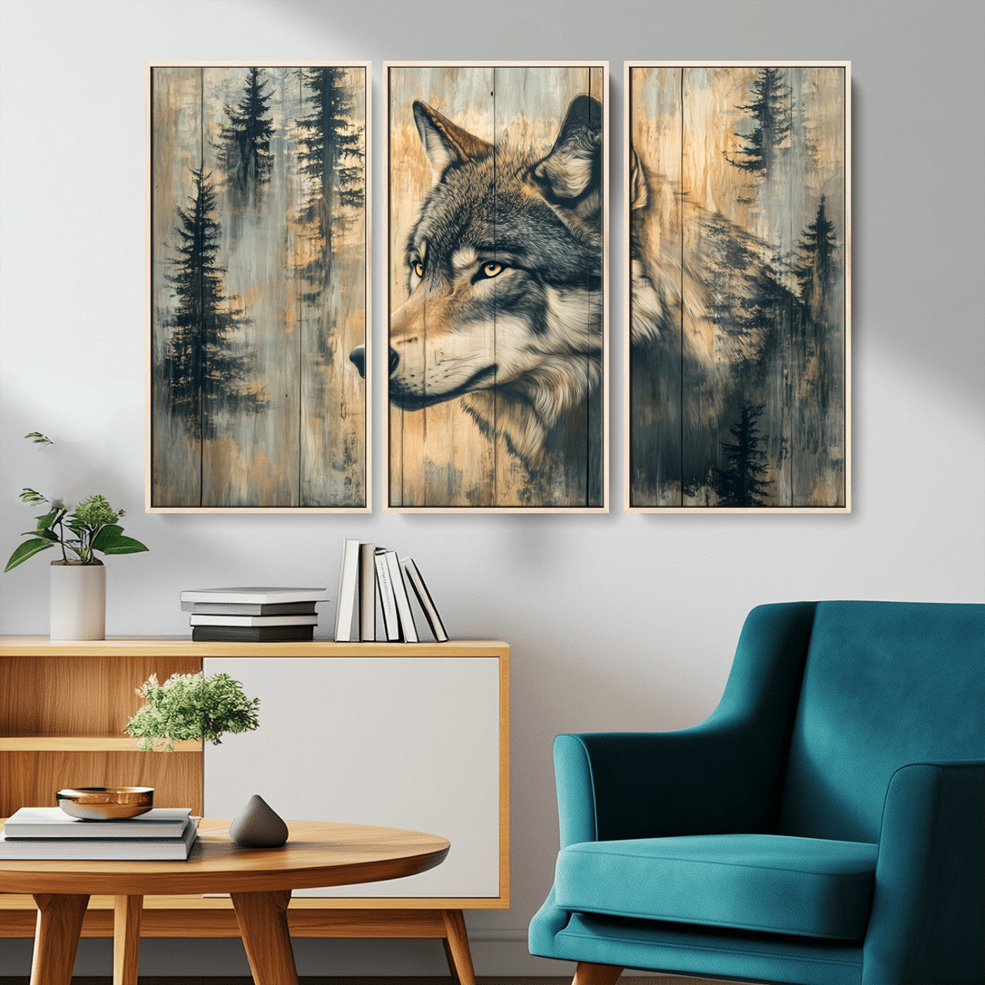 MGV-FC-48X32-3P - Wood Style Rustic Wolf Wall Art Canvas Print, Vintage Woodland Wolf Wall Art, Framed Wood Style Wolf