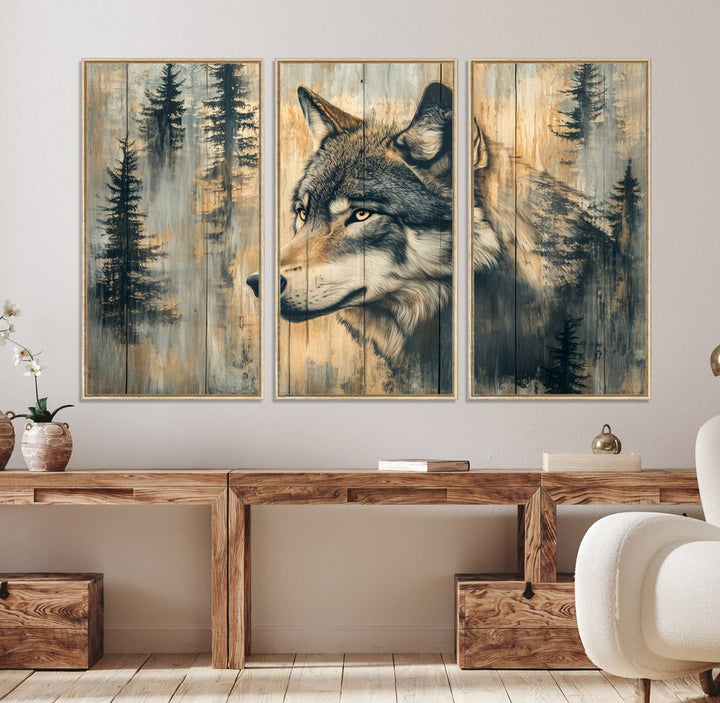 Above the counter is a Wood Style Rustic Wolf Wall Art Canvas Print.