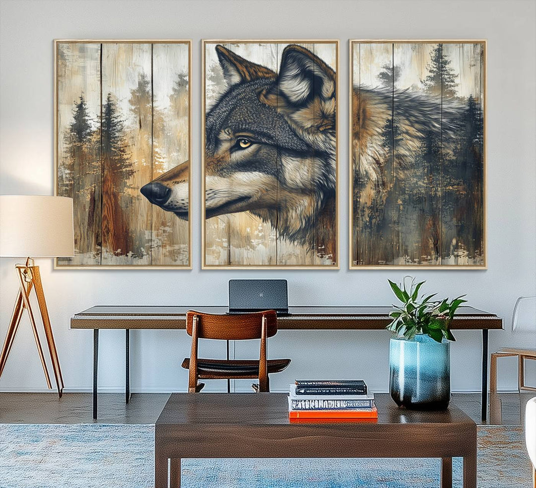 A kitchen dining area features Rustic Wolf Wall Art.