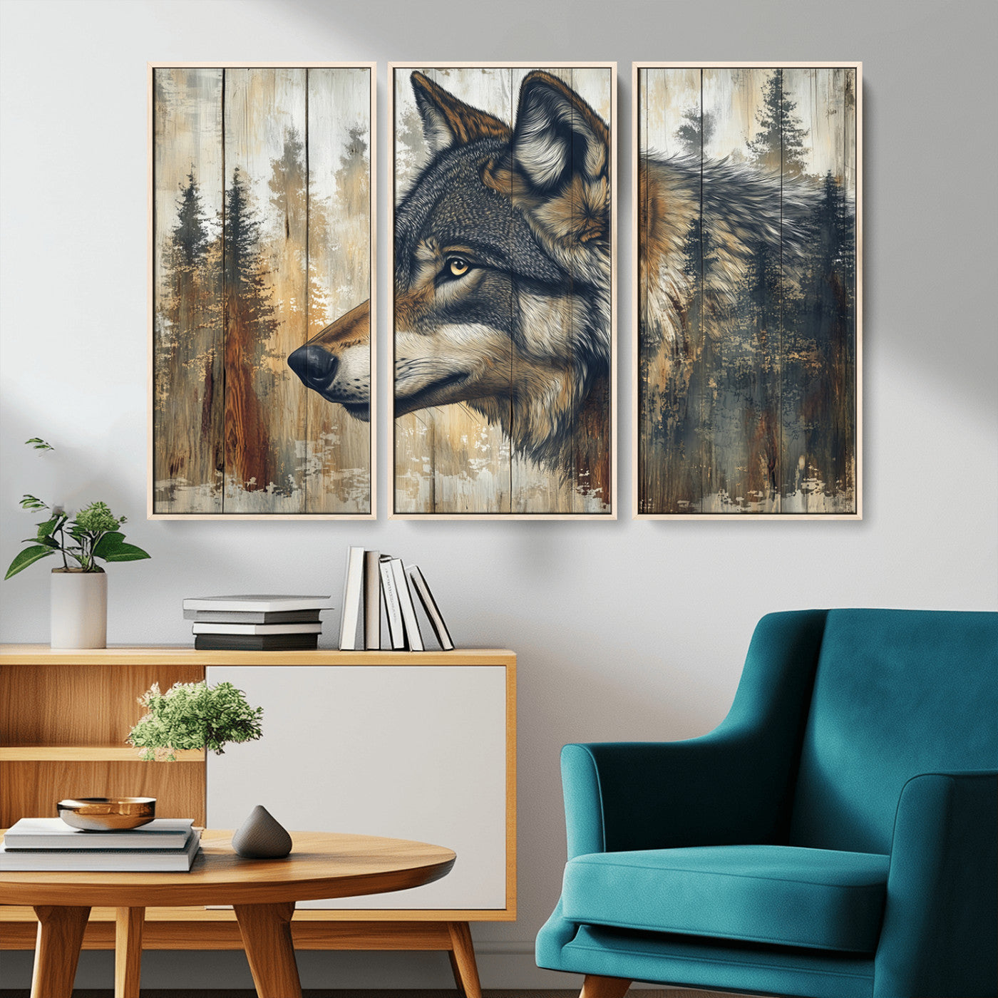 MGV-FC-48X32-3P - Rustic Wolf Wall Art Canvas Print, Vintage Woodland Wolf Wall Art