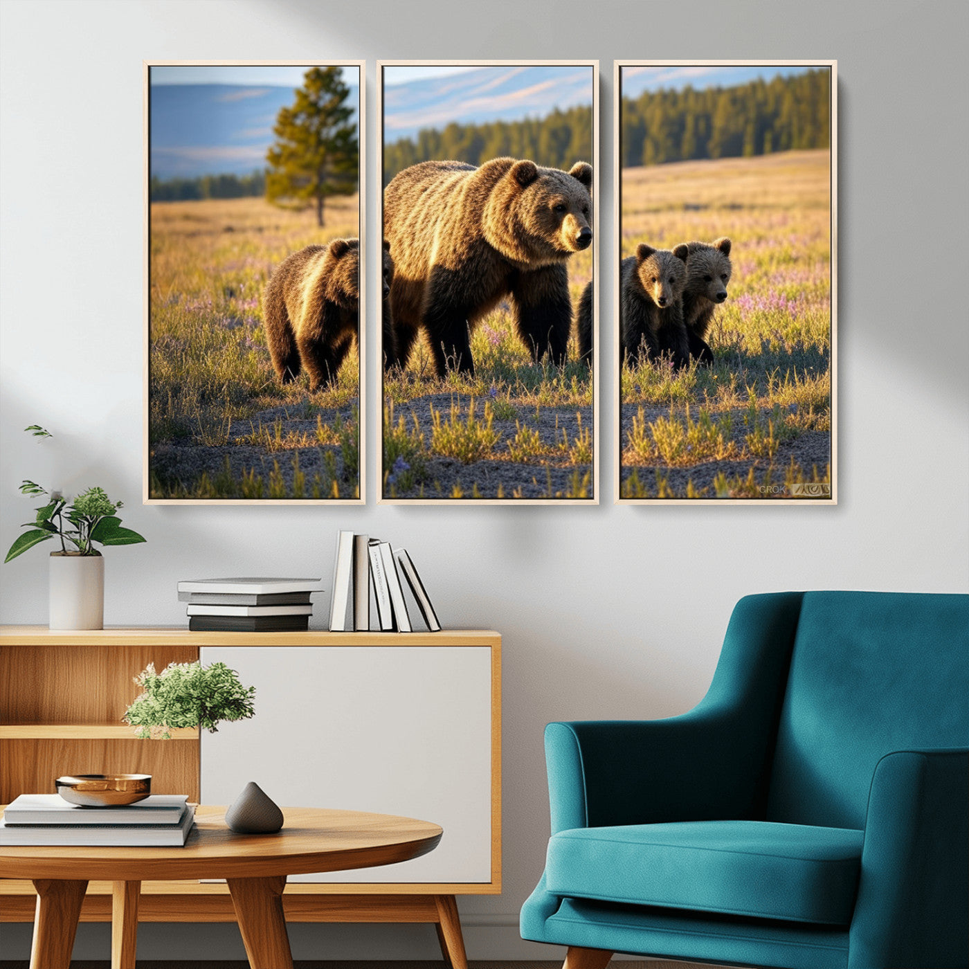 MGV-FC-48X32-3P - Grizzly 399 in Wild Flowers Wall Art Canvas Print, Grizzly Bears Wall Art, Queen of Grand Teton