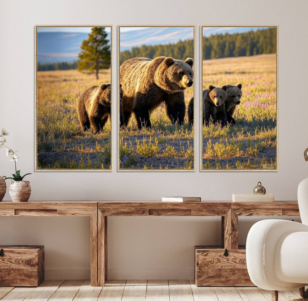 The dining room showcases the Grizzly 399 in Wild Flowers wall art.