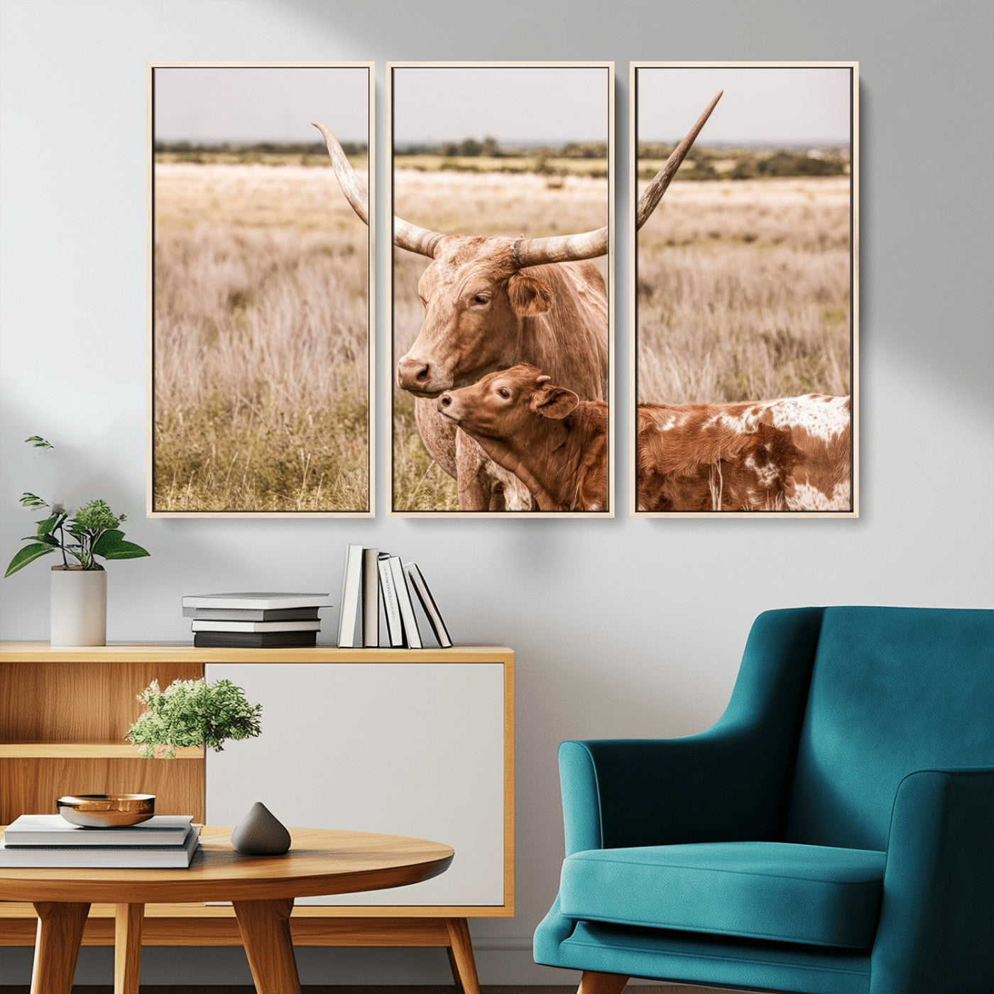 MGV-FC-48X32-3P - Texas Longhorn Cow Wall Art Canvas Print for Farmhouse Wall Art, Texas Decor, Western Wall Art Print