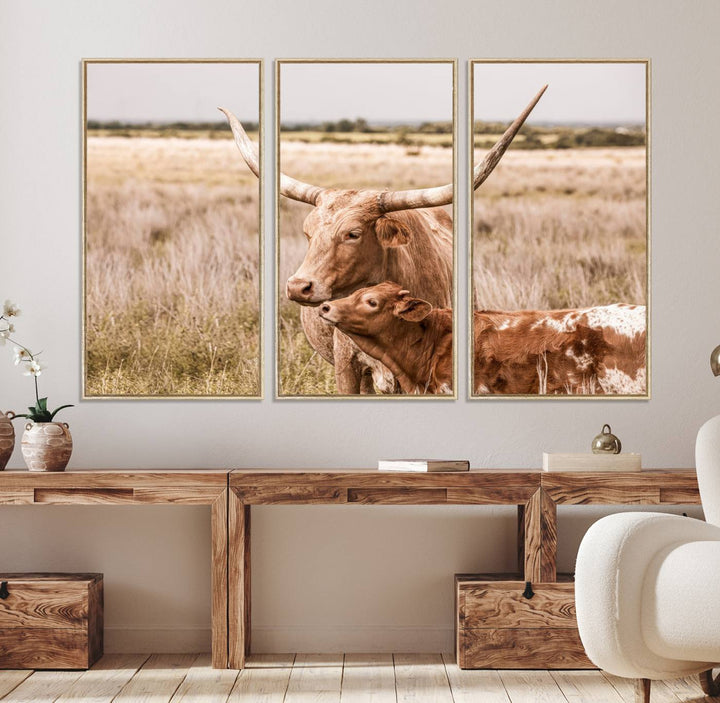 Dining area featuring a Texas Longhorn Cow Wall Art Canvas Print.