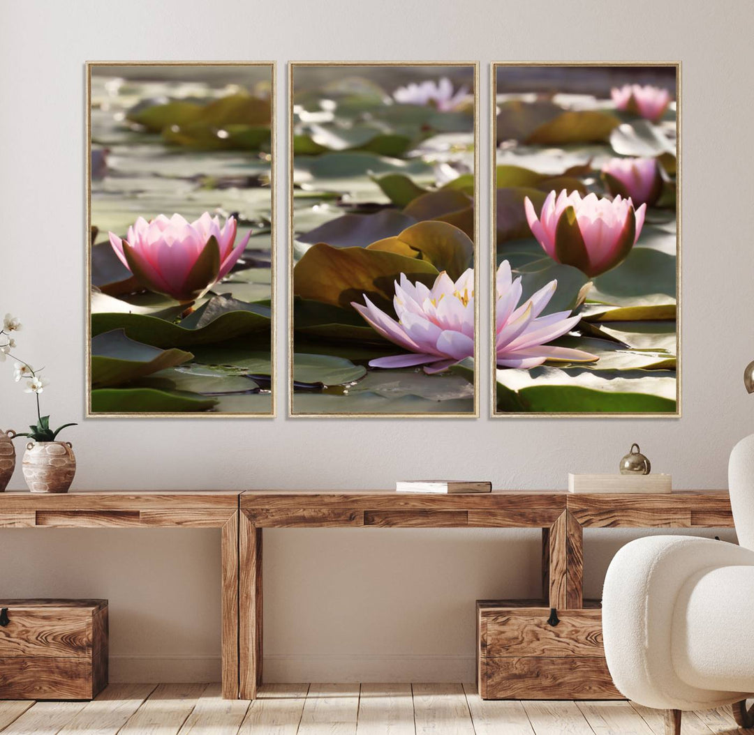 The dining room features the Water Lily Large Canvas Print.