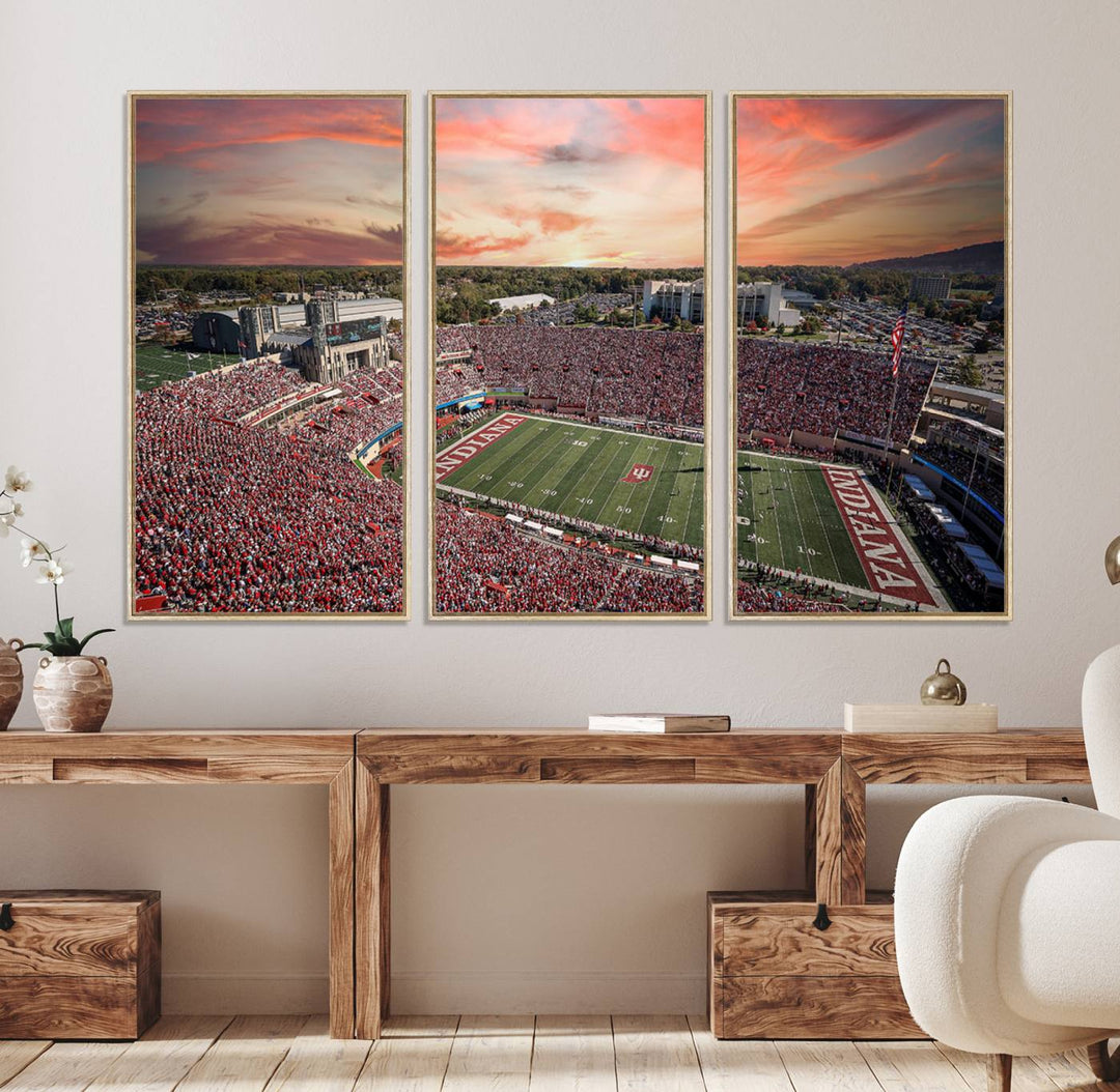 Gallery-quality Indiana Memorial Stadium Wall Art Canvas: A stunning view of the stadium at sunset.