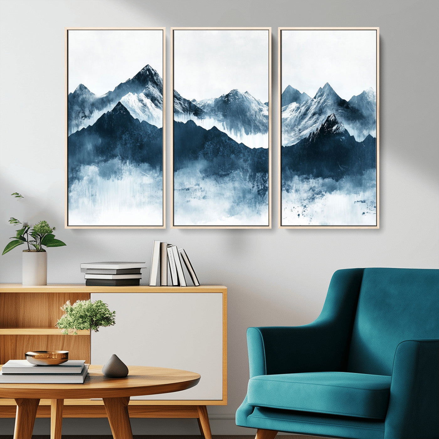 Abstract blue-toned canvas of snowy mountains in misty tones, ideal for minimalist or moody alpine-inspired home decor.