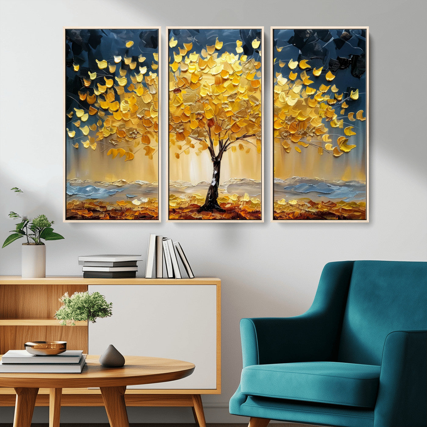 Canvas of a golden autumn tree with textured brushstrokes and moody blue skies, perfect for dramatic and vibrant home decor.