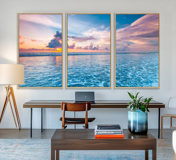 An Ocean Sunset Canvas Wall Art depicting a vibrant sky and rolling waves.