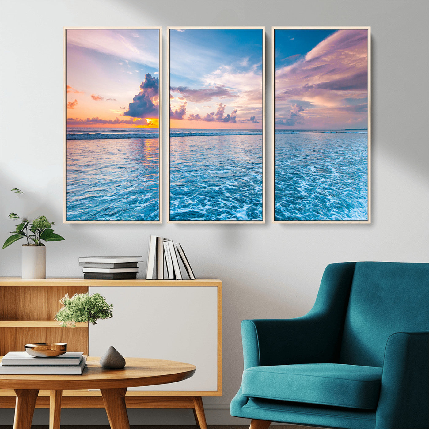 MGV-FC-48X32-3P - Ocean Sunset Canvas Wall Art Print - Tranquil Seascape with Vibrant Sky and Rolling Waves Canvas