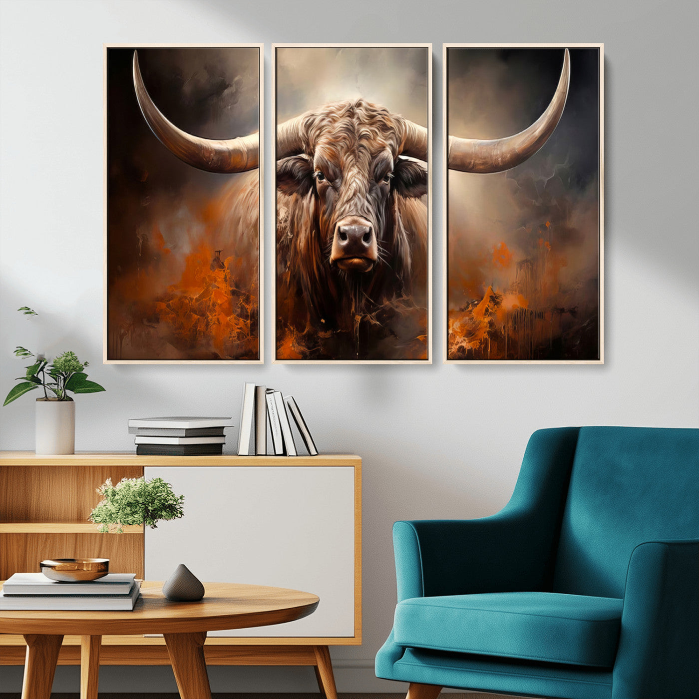 MGV-FC-48X32-3P - Highland Bull Canvas Abstract Canvas Wall Art Print – Powerful Highland Bull with Striking Horns in