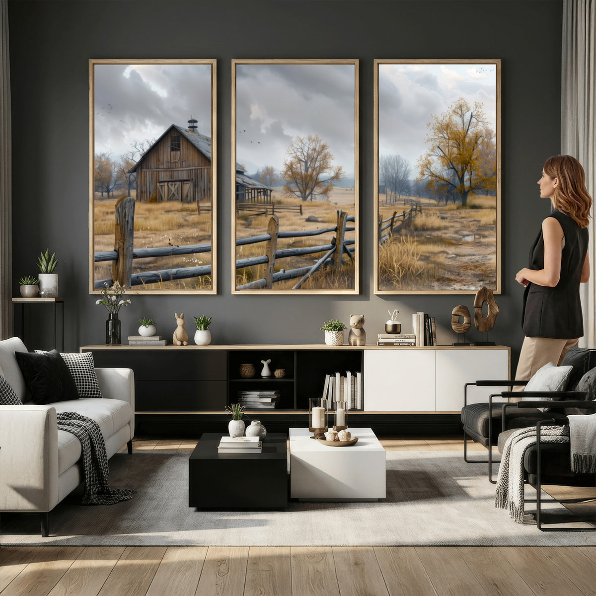 Farm1-MGV-CV-36X24 - Rustic Autumn Farmhouse Wall Art Canvas Print | Serene Countryside with Weathered Barn