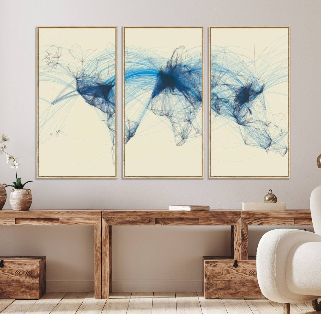 Flight Routes Map: Air Traffic Avi World Map featuring blue lines symbolizing global data. Ideal for home decor and ready to hang.