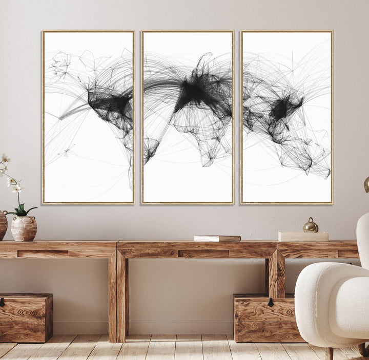 The Flight Routes Air Traffic canvas wall art, framed and ready to hang, is perfect for aviation enthusiasts.