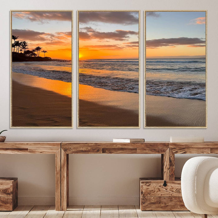 Sunset Wall Art Print featuring a beach sunset with waves and palms, perfect for coastal decor.