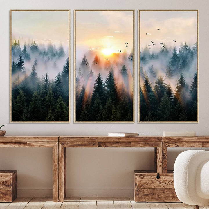 Sunrise over a misty forest with rays filtering through trees in the Abstract Forest Wall Art featuring soaring birds.