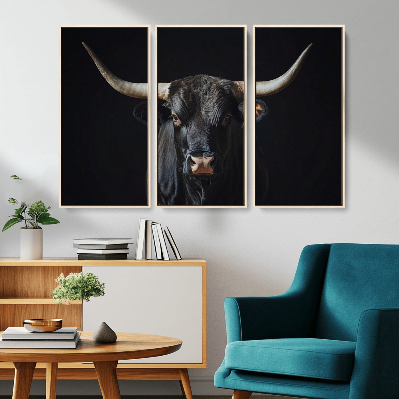 Canvas of a black longhorn bull against a dark background, featuring moody tones and western character for rustic or cowboy-inspired spaces.