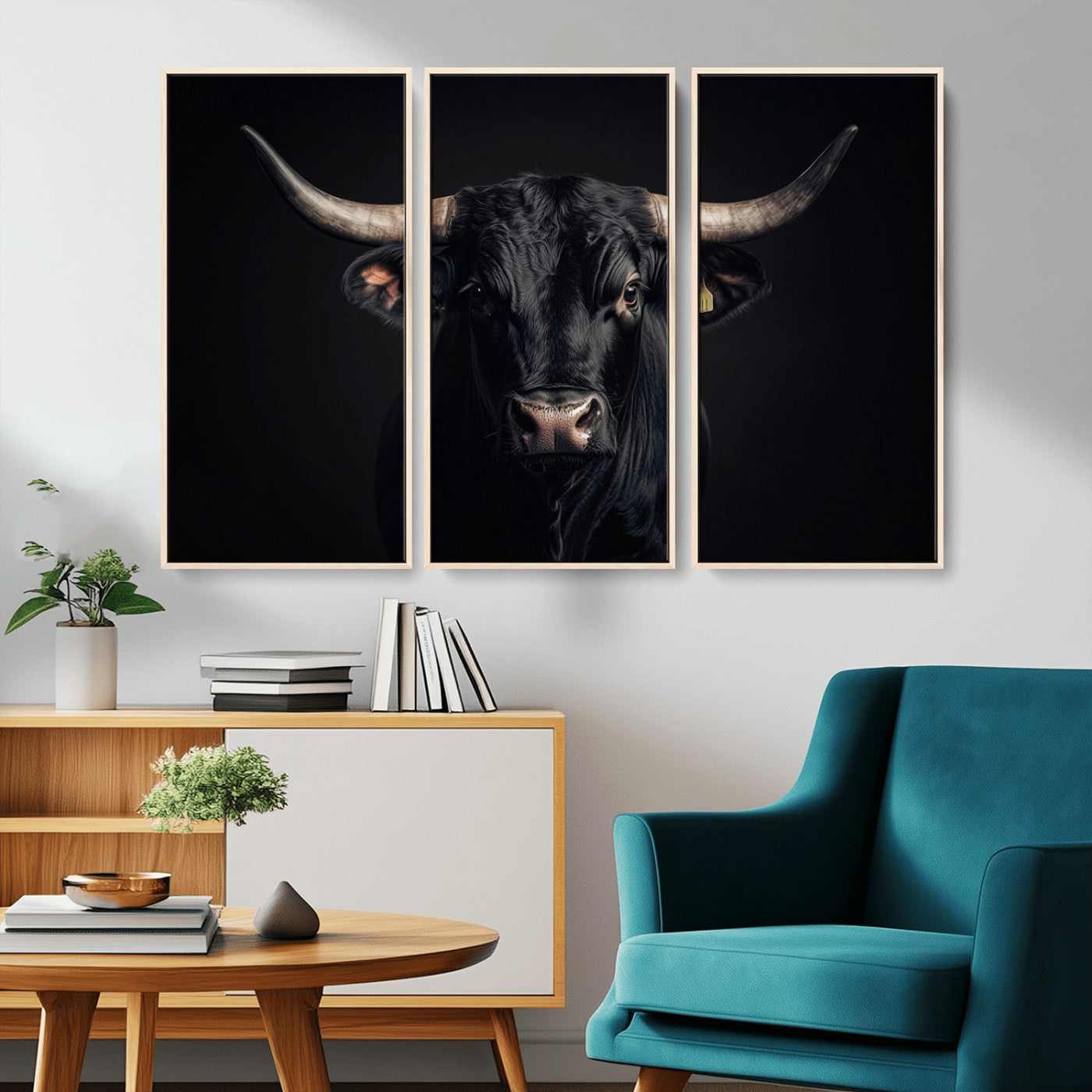 Canvas featuring a black horned bull in moody lighting on a dark background, perfect for western or rustic farmhouse-style home decor.