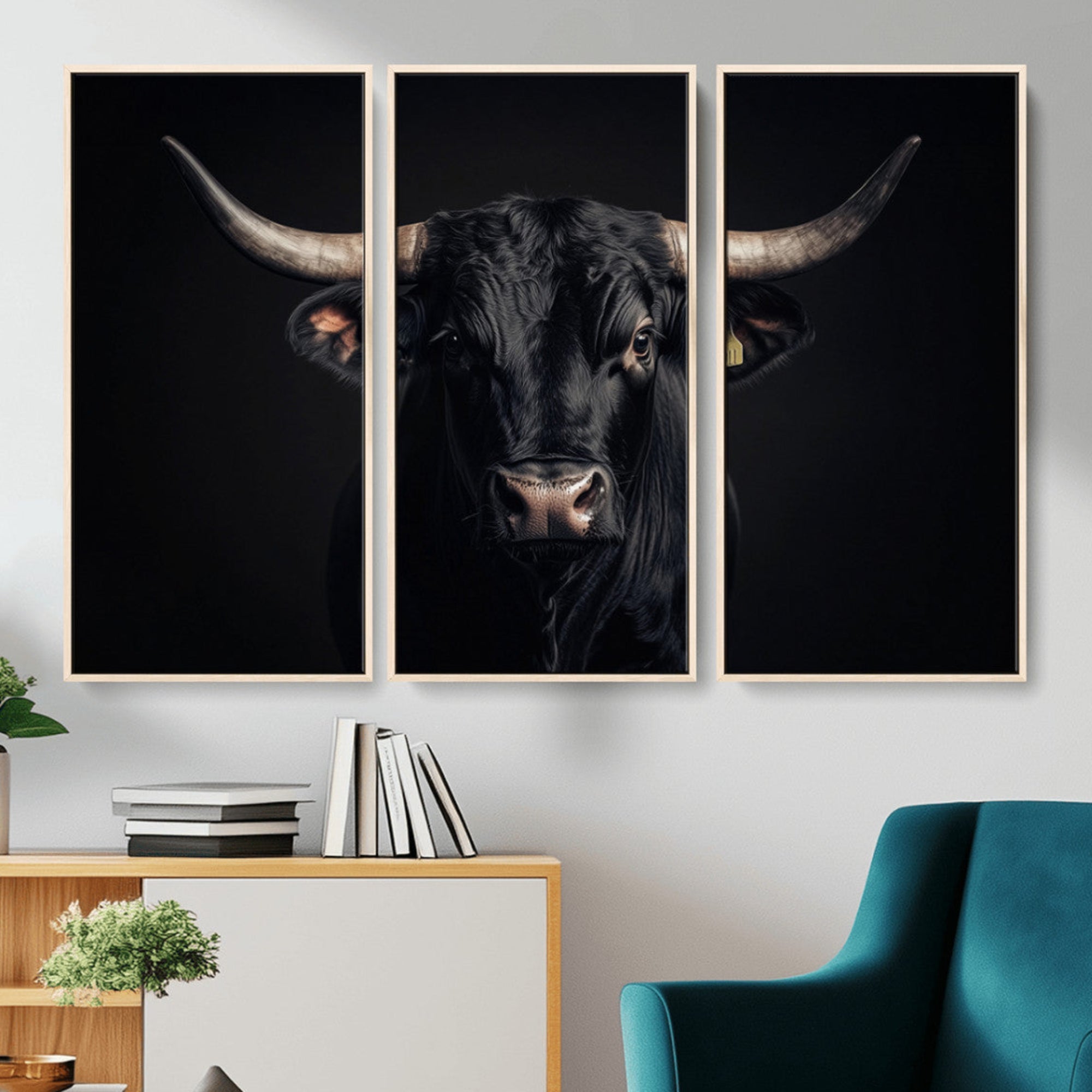 Canvas featuring a black horned bull in moody lighting on a dark background, perfect for western or rustic farmhouse-style home decor.