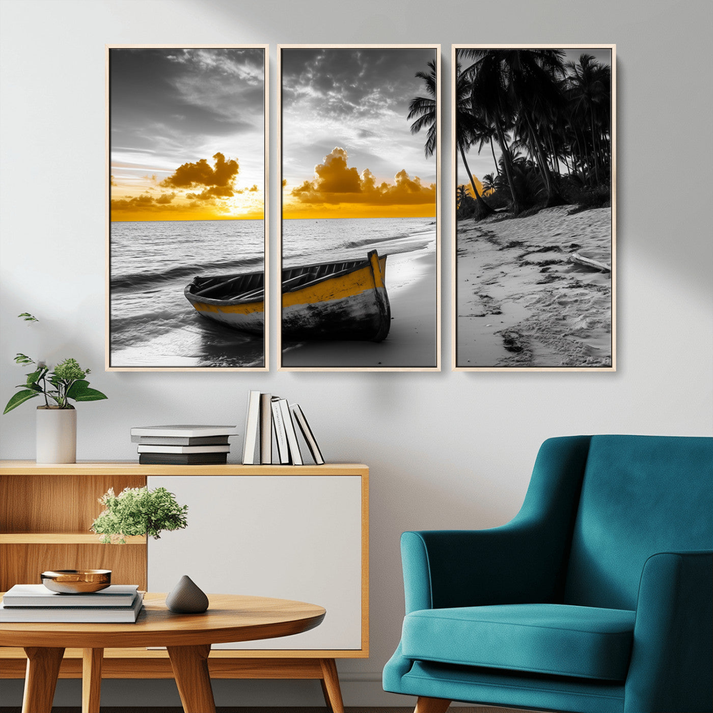 Canvas of a yellow rowboat on a black and white tropical beach with golden sunset sky, ideal for coastal or tropical-themed home decor.