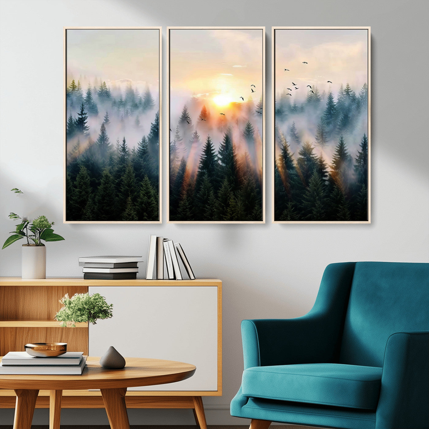 Canvas of a misty pine forest at sunrise with birds flying through golden morning rays, perfect for serene and moody woodland-style home decor.