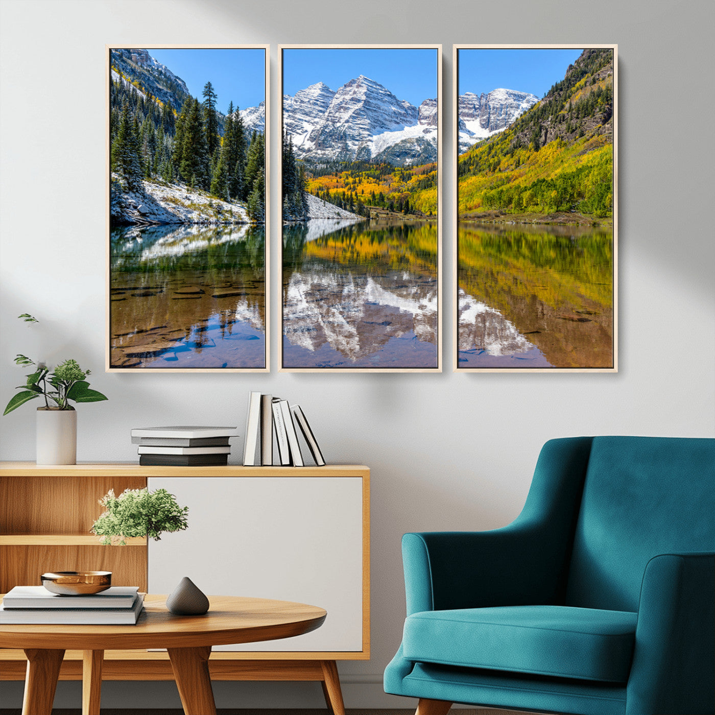 Canvas of Maroon Bells reflected in a clear alpine lake, with golden aspens and snowy peaks, ideal for crisp autumn or mountain-themed decor.