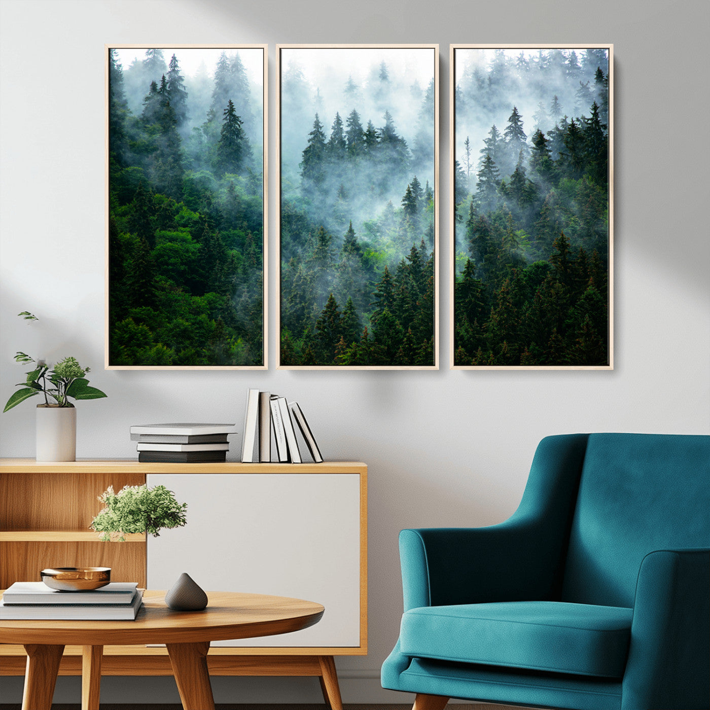 A captivating view of a dense pine forest blanketed in drifting fog, evoking a mystical and tranquil atmosphere.