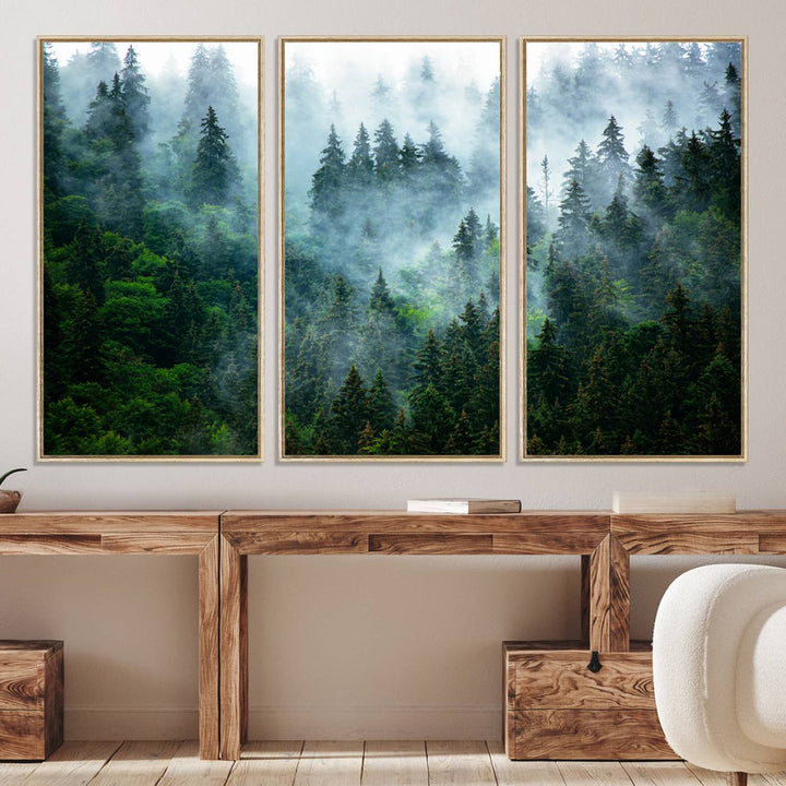 Misty Forest Art Wall Art Canvas Print, Foggy Mountain Art Print, Framed Scenic Wall Print Art Print, Large Woodland Canvas Printing Perfect for  Decor
