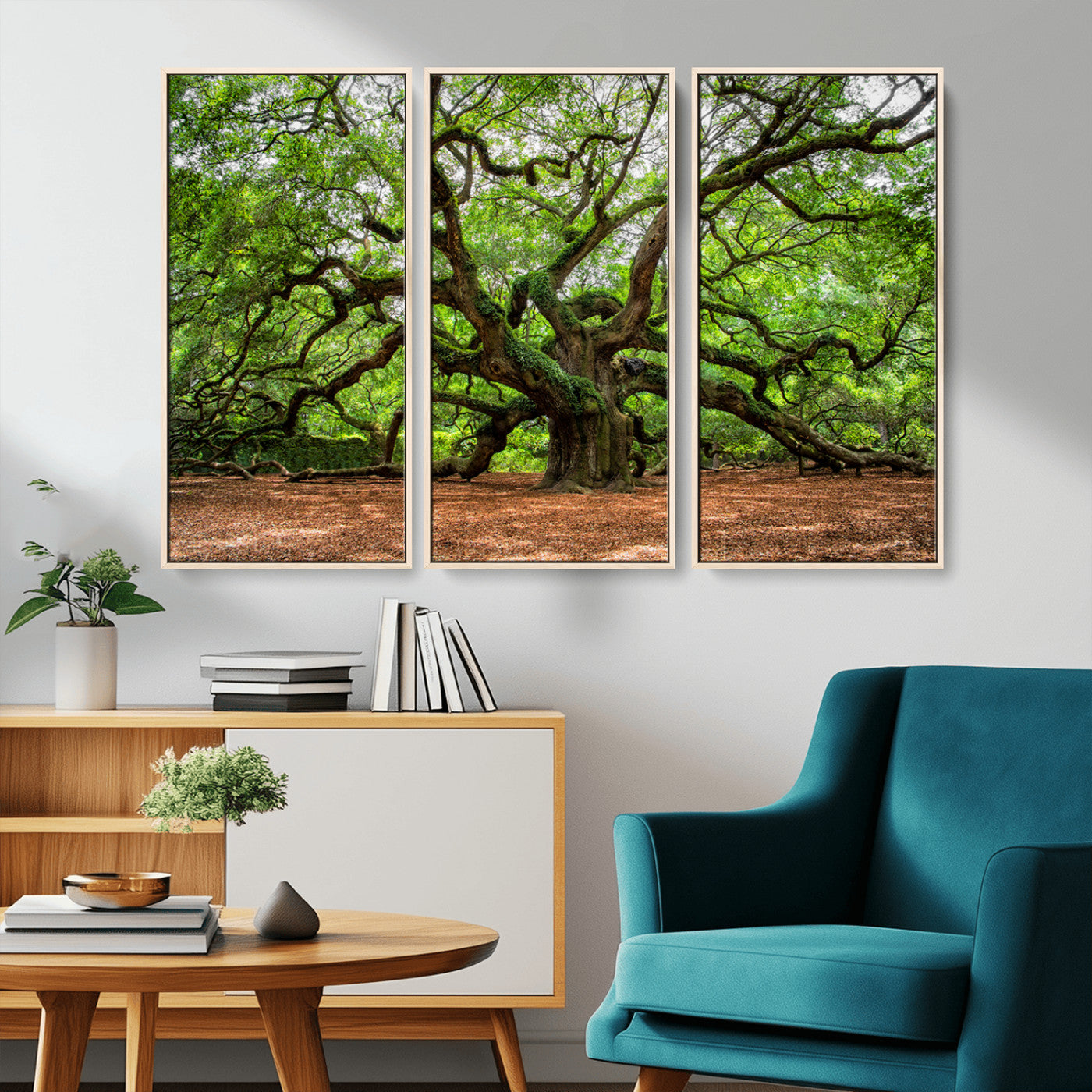 A majestic, ancient tree with expansive, twisting branches spreading wide under a dense, vibrant green canopy in a serene forest clearing.
