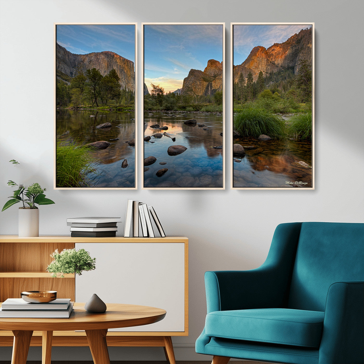 Canvas of Yosemite Valley with El Capitan and sunset reflections in a calm river, perfect for rustic or nature-themed décor.