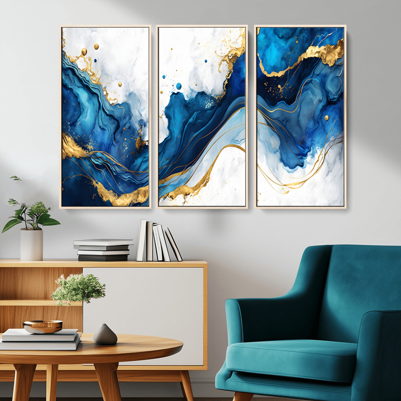 Elegant abstract canvas in cobalt blue and gold tones, featuring marble waves and fluid motion, ideal for luxe interior styling.