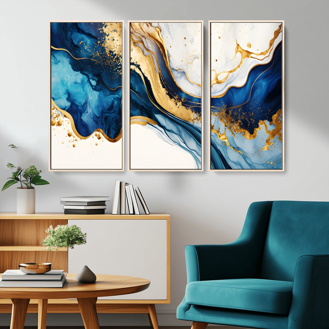 Canvas artwork with fluid blue and gold marbling, perfect for modern luxe or elegant abstract home decor styles.