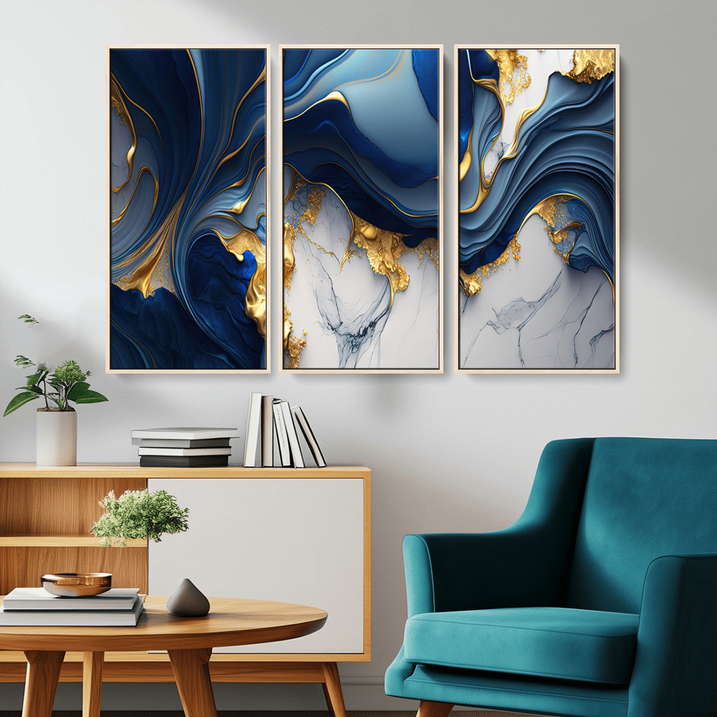 Canvas art with swirling blue marble and gold textures, ideal for elegant glam or modern luxury interior design settings.