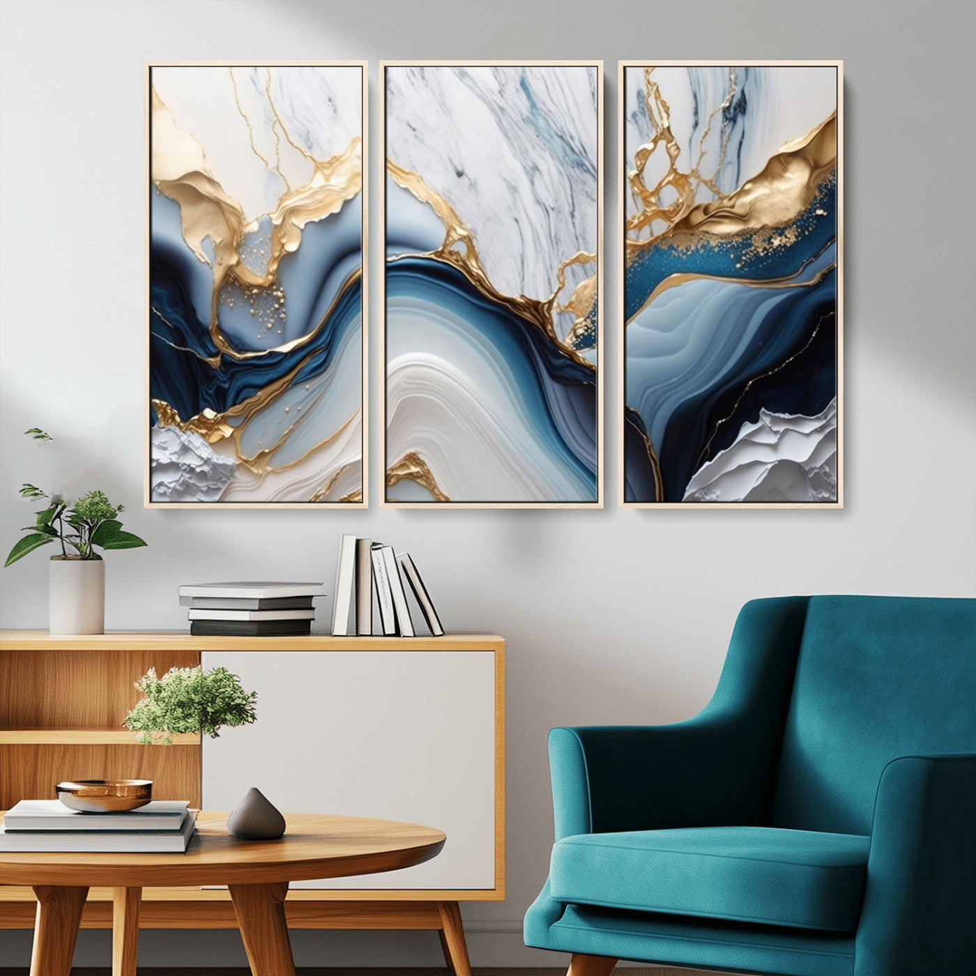Abstract canvas with blue marble textures and flowing gold veins, ideal for modern luxury or coastal-inspired interior decor.