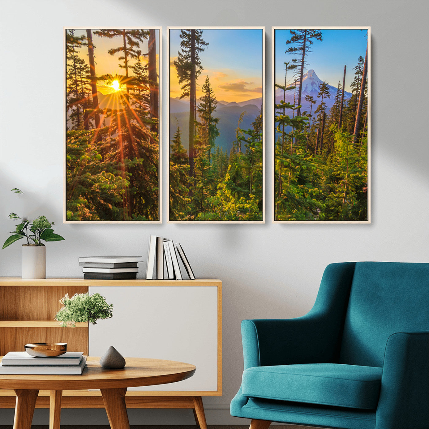 Colorful canvas of Mount Hood and Oregon forest at sunset, featuring sunburst light and lush pine trees for rustic nature decor.