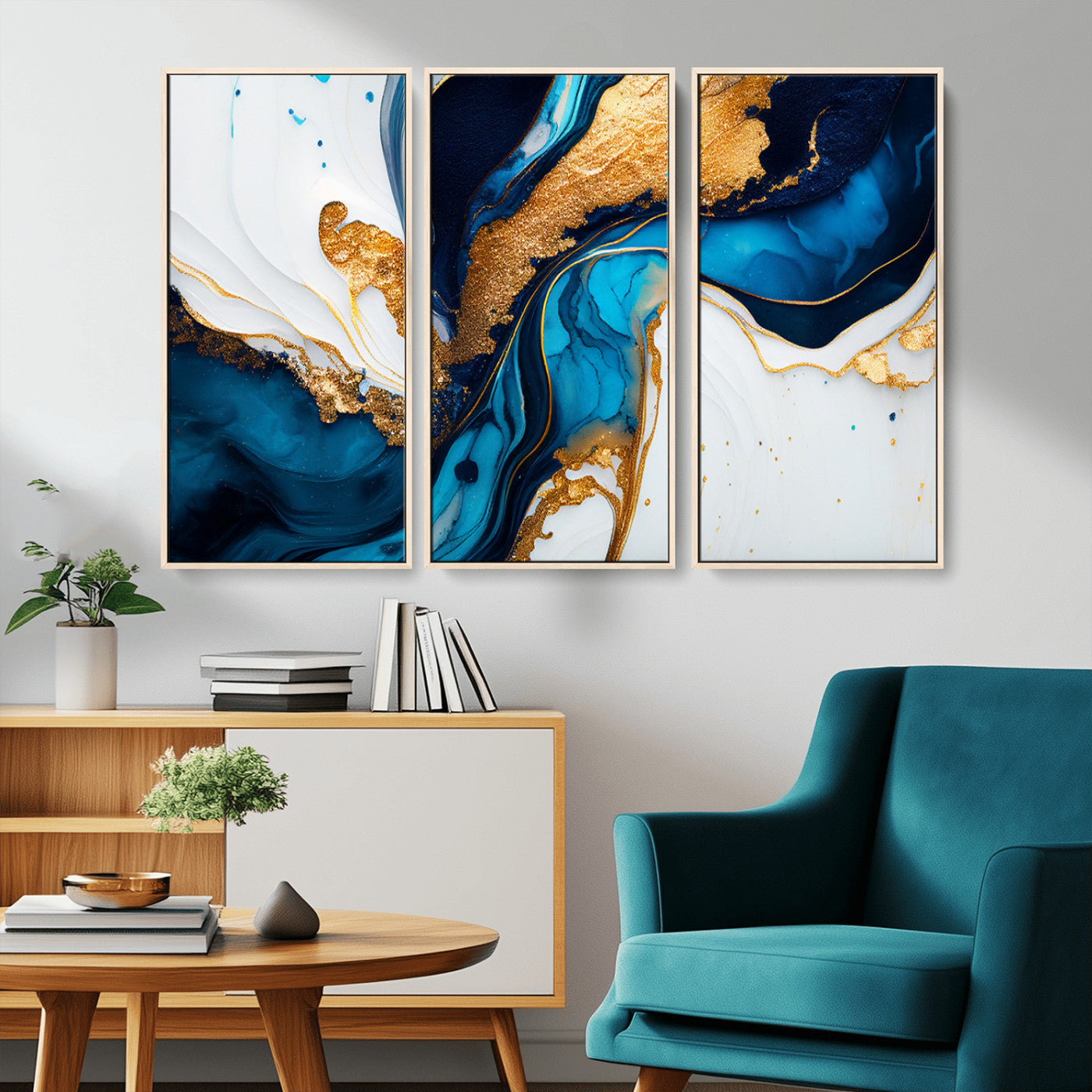 Luxurious abstract canvas in gold, navy, and teal tones with fluid marble patterns, perfect for modern glam or upscale interiors.