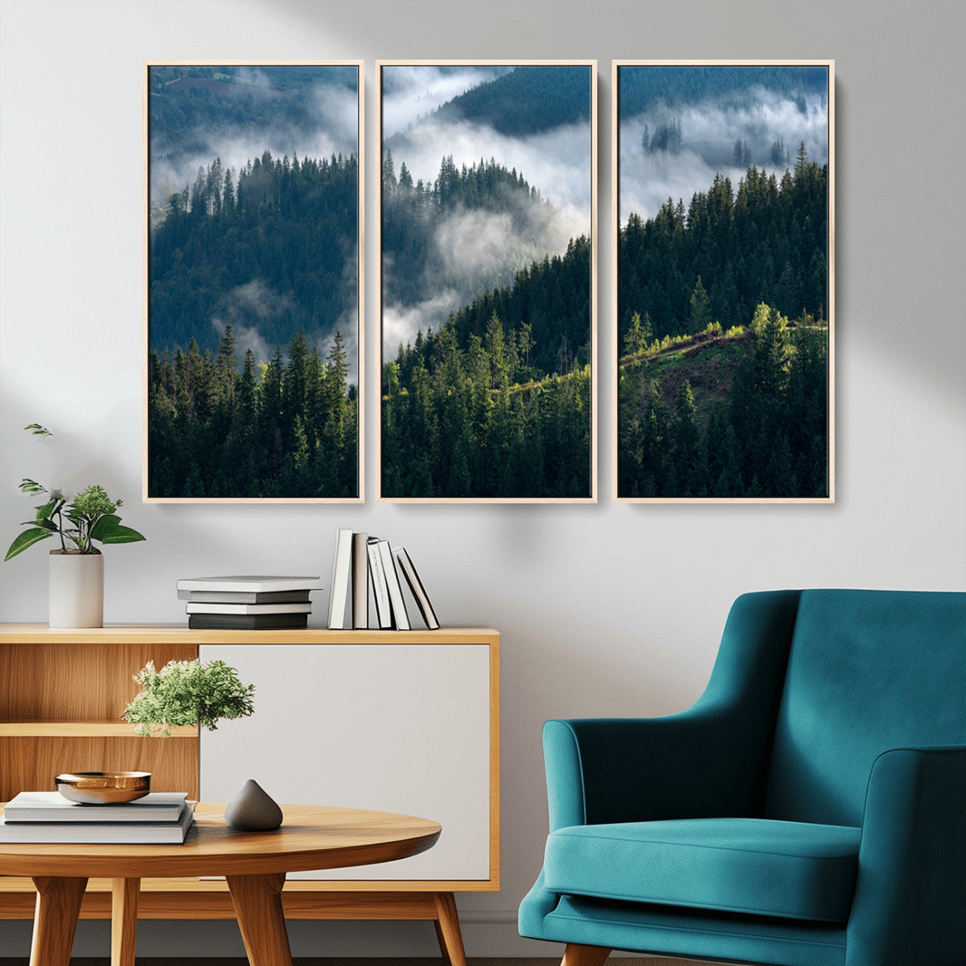 Moody canvas of misty pine forests over layered hills, perfect for cool-toned nature-inspired or woodland-style home decor.