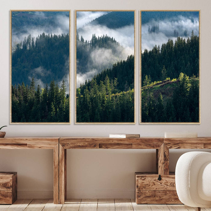 Moody canvas of misty pine forests over layered hills, perfect for cool-toned nature-inspired or woodland-style home decor.