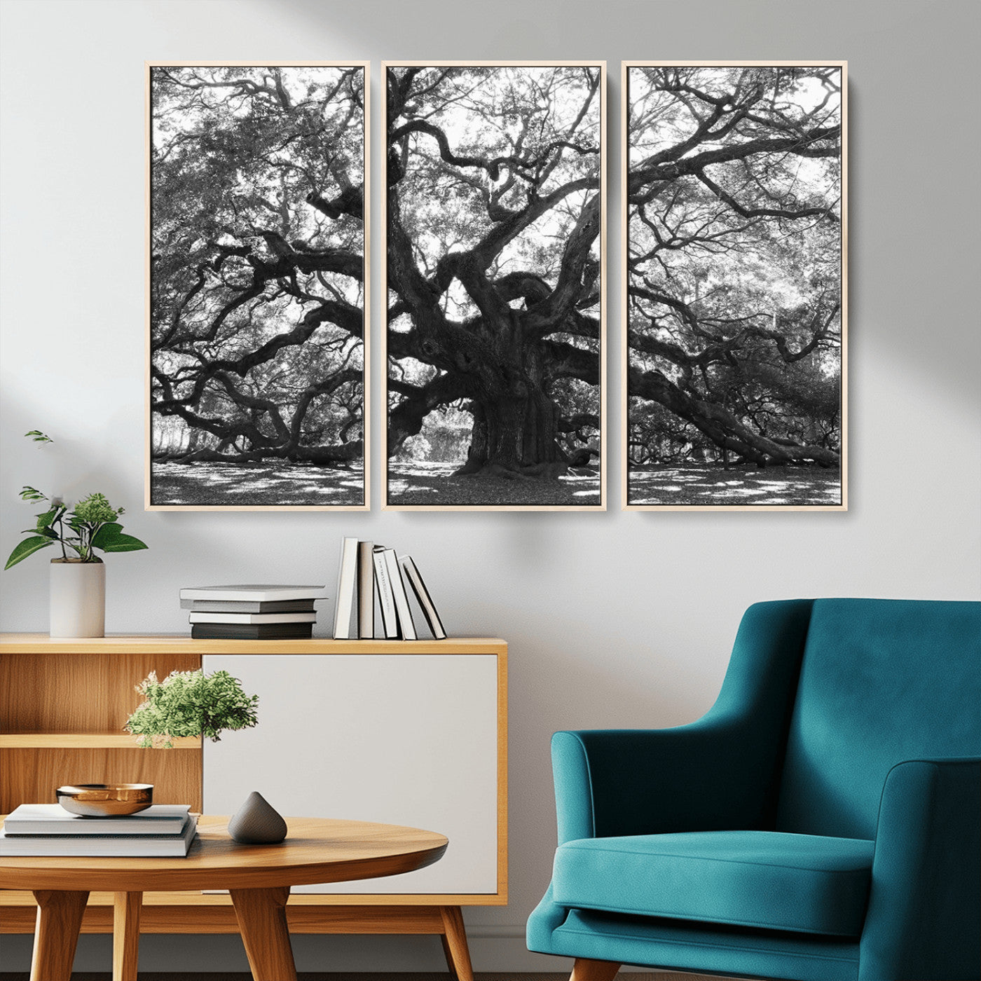 Black and white canvas of an ancient oak tree with sprawling, twisted branches, ideal for moody nature-inspired or rustic decor.