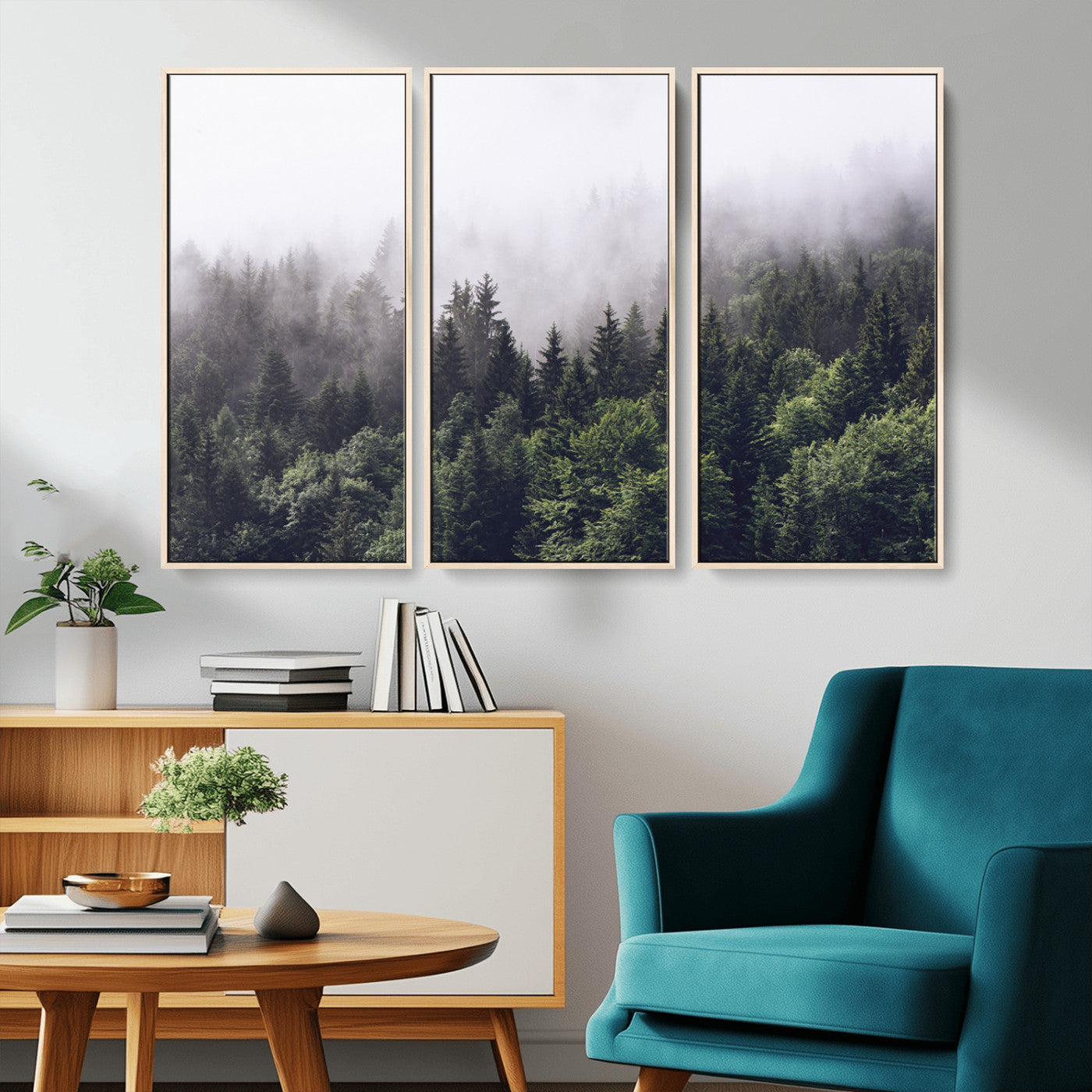 Canvas of dense misty forest in dark green tones, ideal for moody forest or atmospheric woodland-themed home decor.