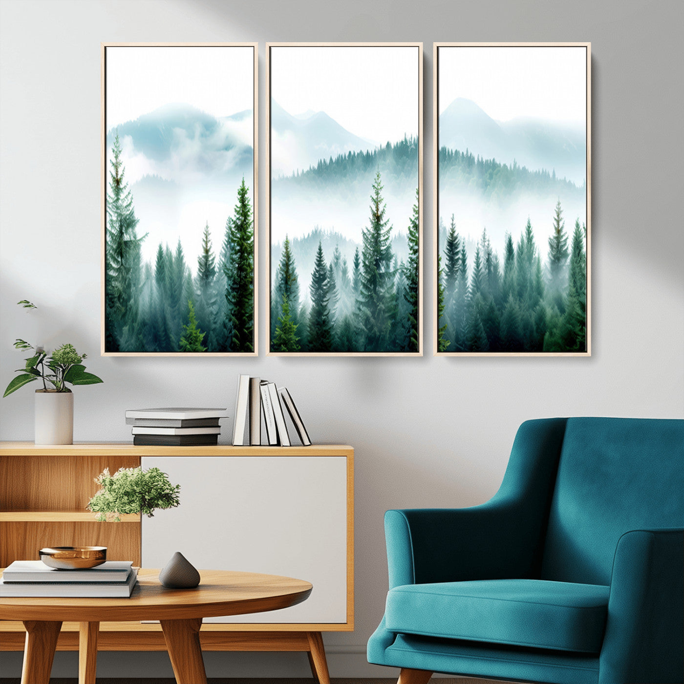 Canvas of pine forest and misty mountain layers in cool tones, perfect for moody forest or serene nature-inspired home decor.