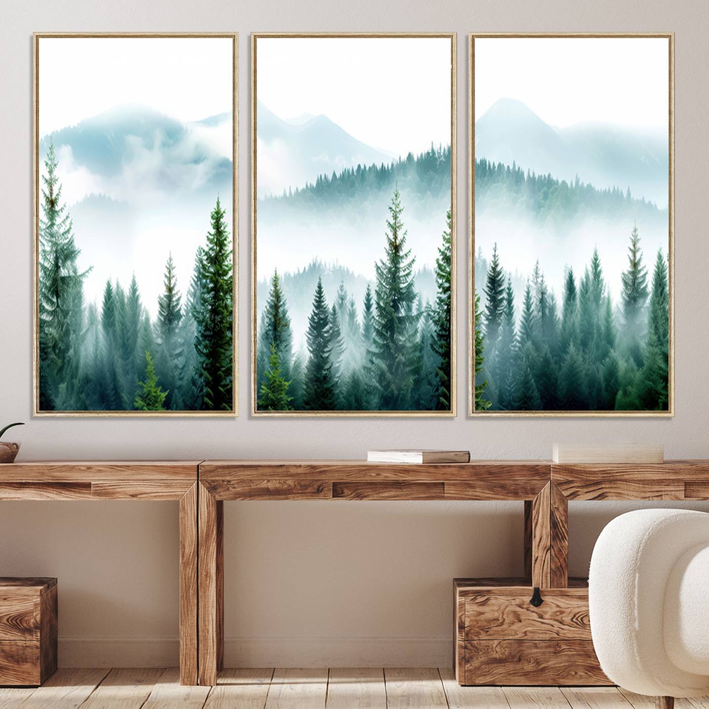 16716676-MGV-CV-36X24-Pine Forest Wall Art Canvas Print, Framed Misty Mountains Art Picture Print, Foggy Trees Perfect Moody Forest Decor Artwork