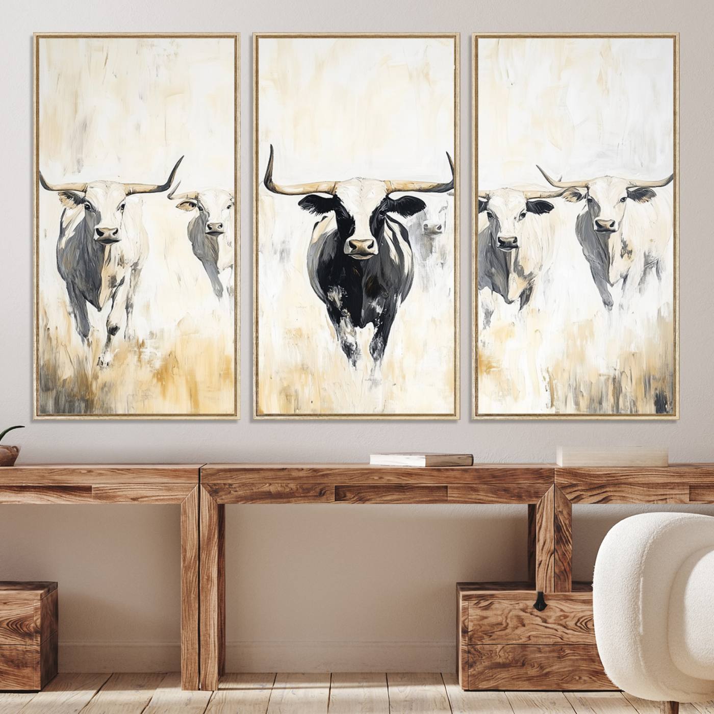 40397799-MGV-CV-36X24-Texas Longhorn Canvas Print, Framed Rustic Herd Art Picture Print, Western Bull Perfect Neutral Western Decor