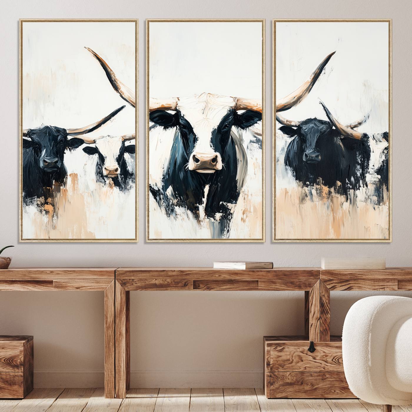 94780606-MGV-CV-36X24-Texas Longhorn Wall Art Canvas Print, Framed Western Cattle Art Picture Print, Horned Bull Perfect Rustic Western Decor, Western Cattle